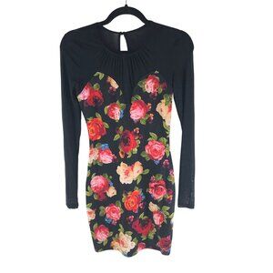 Guess Bodycon Dress Long Sleeve Mesh Sweetheart Neckline Floral Pink Black XS